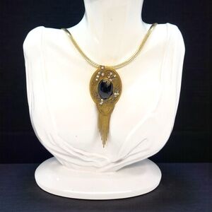 Vintage Marena Handarbeit Germany Black Glass Cabochon & Tassel Brooch/Pendant